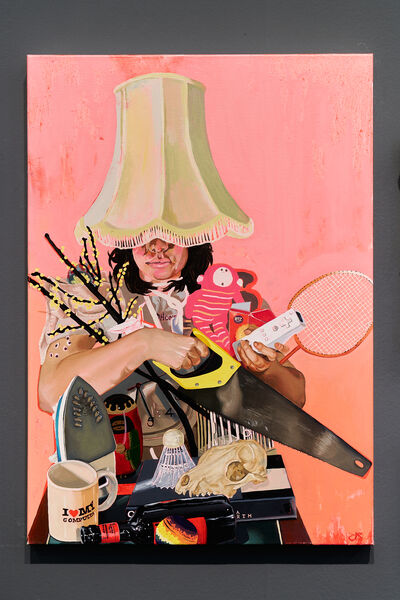 Canvas painting of a person with a lampshade over their head, holding lots of objects, against a peach painted background.
