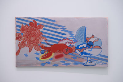 A canvas painting in reds and blues of a lobster, an ice cream sundae and a red flower.