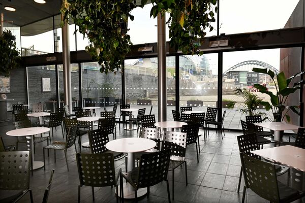 Room with tables and chairs, big green plants hanging from the ceiling and views of the Quayside.