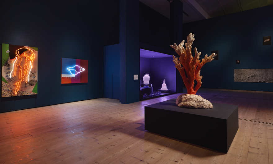 Install photo of an exhibition showing a dark blue room, with colourful paintings and sculptures in the space of underwater themes.