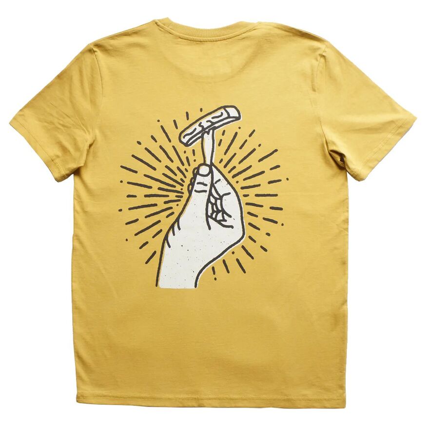 Yellow tshirt, illustrated hand holding chip on wooden fork