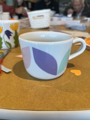 Tea cup with crafting materials behind