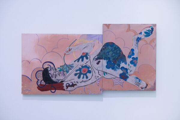 A pink and blue painting or a woman lying down nude and smelling a flower with pink clouds in the background.