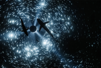 Underwater photo of two dolphins in silhouette against a bright moon.