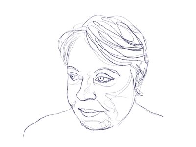 Black and white line drawing of a woman with short hair in portrait