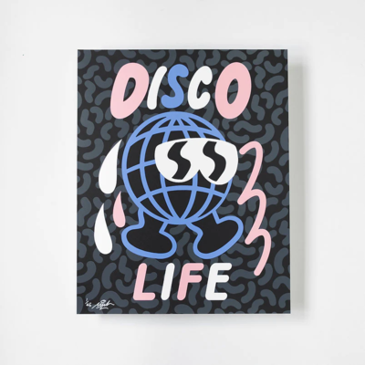 Street art print featuring a sweating globe with sunglasses and the words 'disco life'.