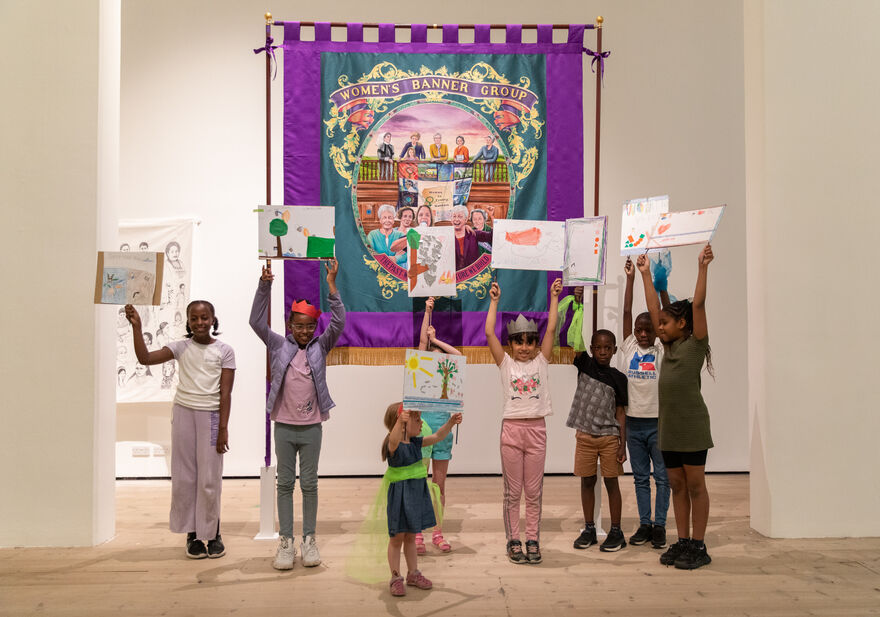 Young people with banners