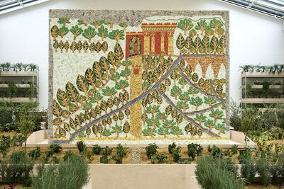 Large panel in the gallery is collaged into garden landscape. It is surrounded by real plants