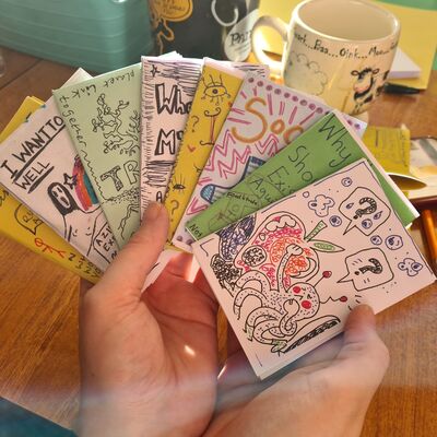 Hands holding a selection of colourful zines.