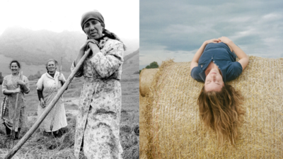 Two photos. The first is a black and white photo of a woman stood a field. The second is a colour picture of a woman wearing a blue top and lying on a hay bale.