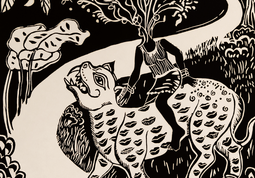 Black and white artwork of a large wild cat with a woman on its back.