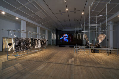A gallery with sculptures and screen