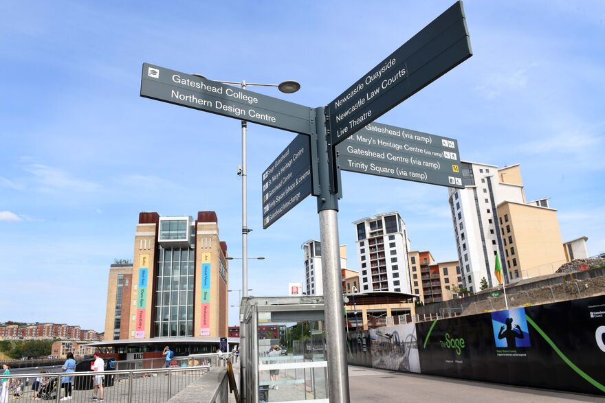 Signage with Baltic's building in the background