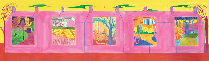 Painting of a row of pink terrace houses against a yellow sky and orange floor.
