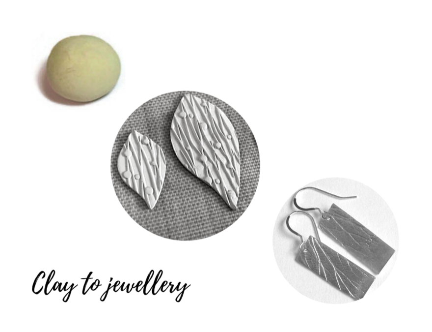 A ball of clay, a moulded bit of clay, and a finished pair of silver earrings with the caption 'clay to jewellery'