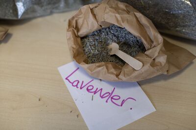 A paper bag of dried lavender, a spoon and a handwritten Label