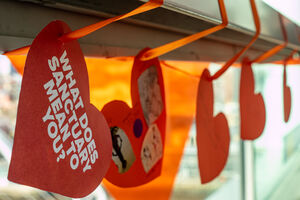 Hanging orange hearts, 'What does Sanctuary mean to you?'
