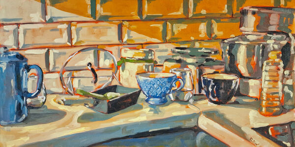 Painting of a kitchen worktop full of dishes.