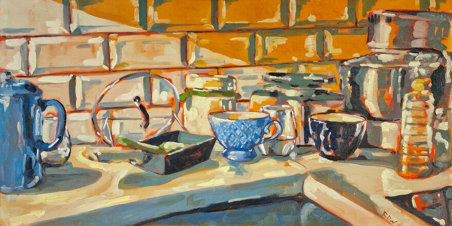 Painting of a kitchen worktop full of dishes.