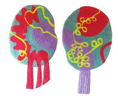 Two curvy wall hangings with wool tassels