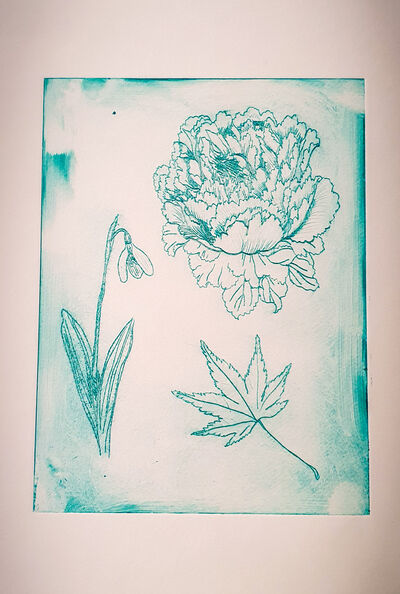 Blue print of a peony, snowdrop, and leaf on a white paper