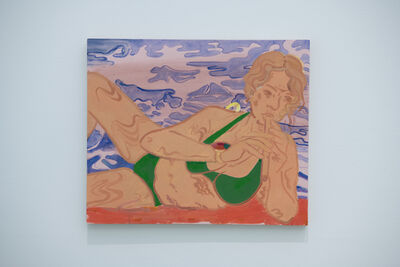 A canvas painting of a woman lying on her side in a green bikini playing the flute.