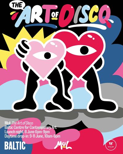 Poster with title The Art of Disco, and hearts with legs. 