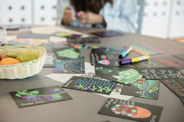 Colourful drawings on table