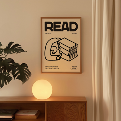 Black and white poster that says 'Read' and has drawn graphic of a hand holding books.