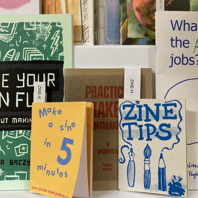 A few zines stand on a shelf in Baltic Library.